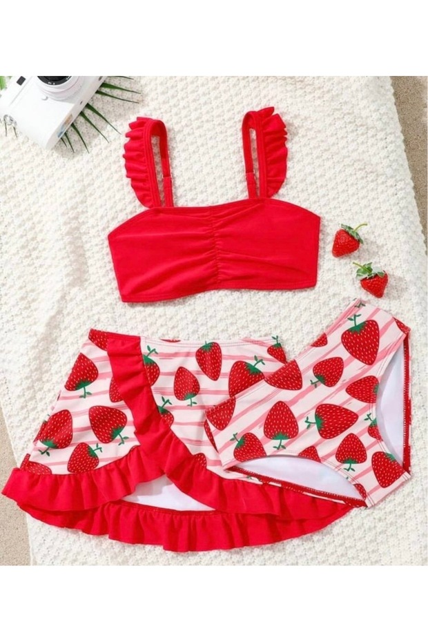 Girl's Red Strawberry Skirted Three-Piece Stylish Bikini Set Swimsuit