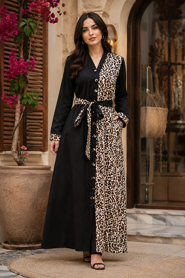 - Safari Panel Maxi Dress – Black & Leopard Print