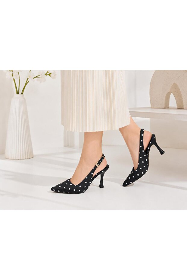 Black Satin Polka Dot Pointed Heeled Shoes with Gold Buckle