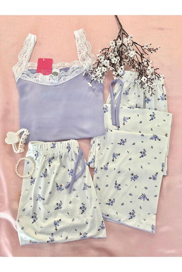 3-Piece Lace Lilac Flower Garden Pajama Set