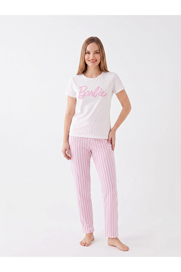 Women's Barbie Printed Pink and White Striped Pajama Set