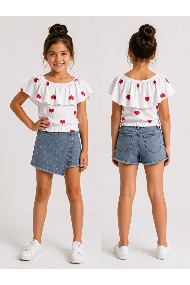 Trendy Girl's White Body Suit with Crinkled Fabric Heart Design