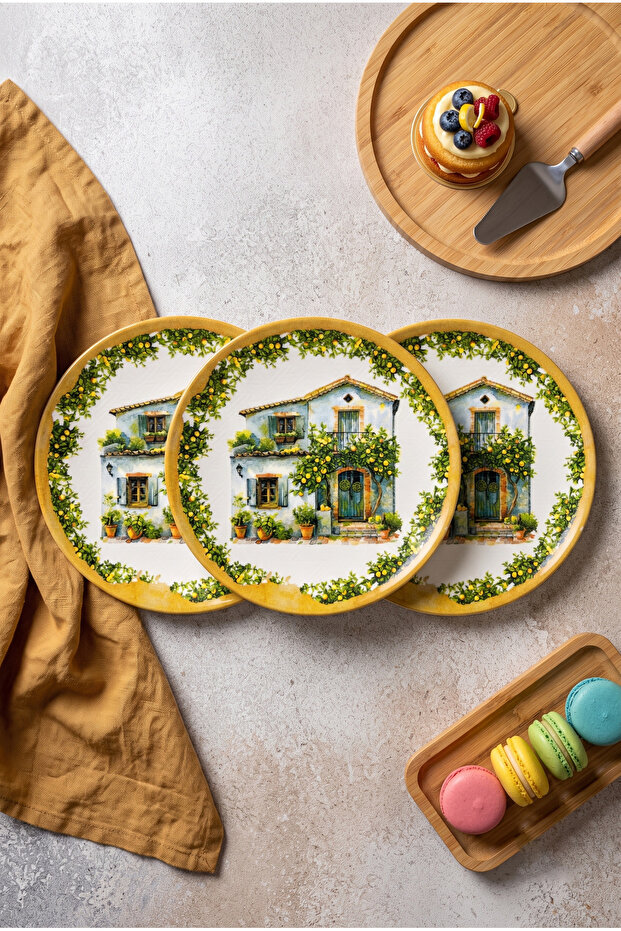 Floral Mediterranean Patterned 6-Piece 27 cm Serving Plate Set Mediterranean Lemon House Designed Breakfast and Presentation Plate