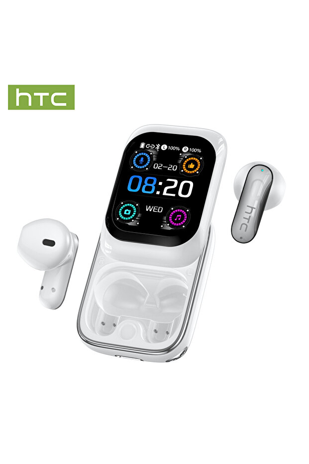 سماعات أذن لاسلكية HTC NE48 TWS بيضاء مع ترجمة بالذكاء الاصطناعي وشاشة لمس بدقة 2K وبلوتوث 6.0 ومقاومة للماء IPX5 وتقنية إلغاء الضوضاء ENC