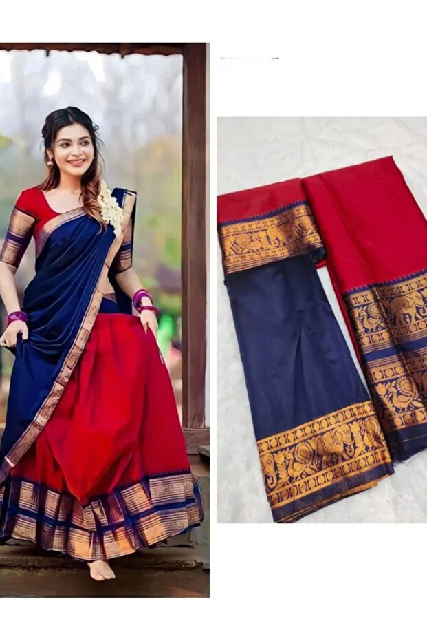 Blue & Red Kanjivaram Silk Zari Half Saree - FFT6199 | Blue & Red