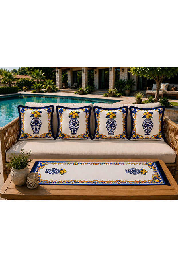 Lemon & Grape Patterned Set of 5 Decorative Throw Pillow Runners