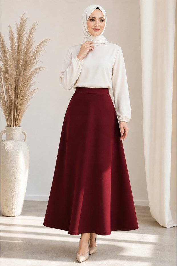 Women's Burgundy Knitted Scuba Crepe Hijab and Casual Skirt Length: 94-95cm