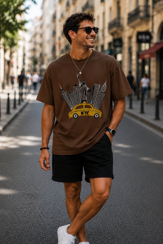 New York City Printed Crew Neck Casual Unisex Oversize T-Shirt - Cotton Casual T-Shirt
