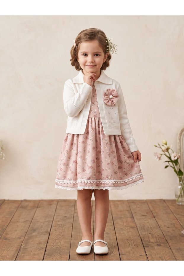 Vintage Style Lace Children's Dress and Knitwear Cardigan Double Set