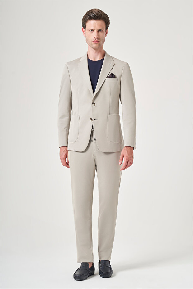 Beige Mono Collar 6 Drop Slim Fit Elastic Waist Suit 1001260165