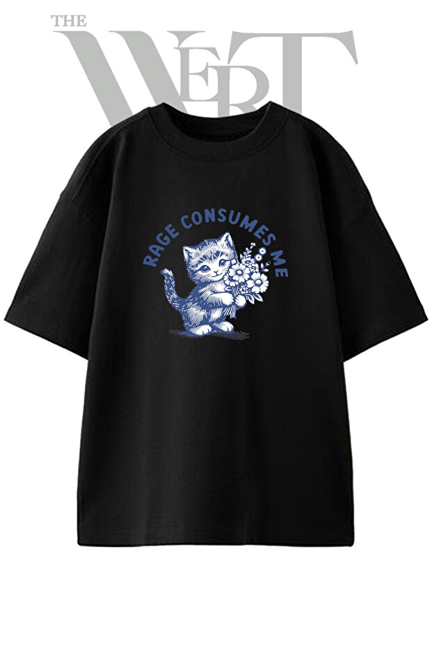 Kitten Flowers Design Printed Unisex Black Oversize T-Shirt