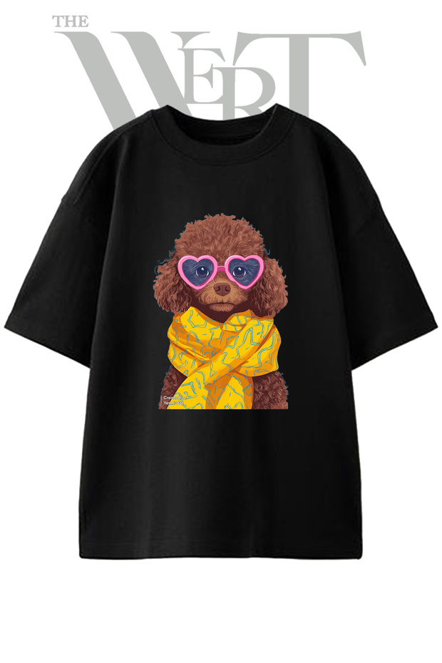 تي شيرت أسود كبير الحجم مطبوع بتصميم نظارات شمسية من Poodle للجنسين
