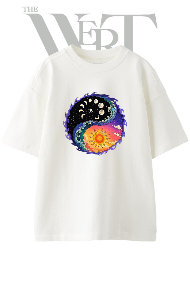 Yin Yang Design Printed Unisex White Oversize T-Shirt