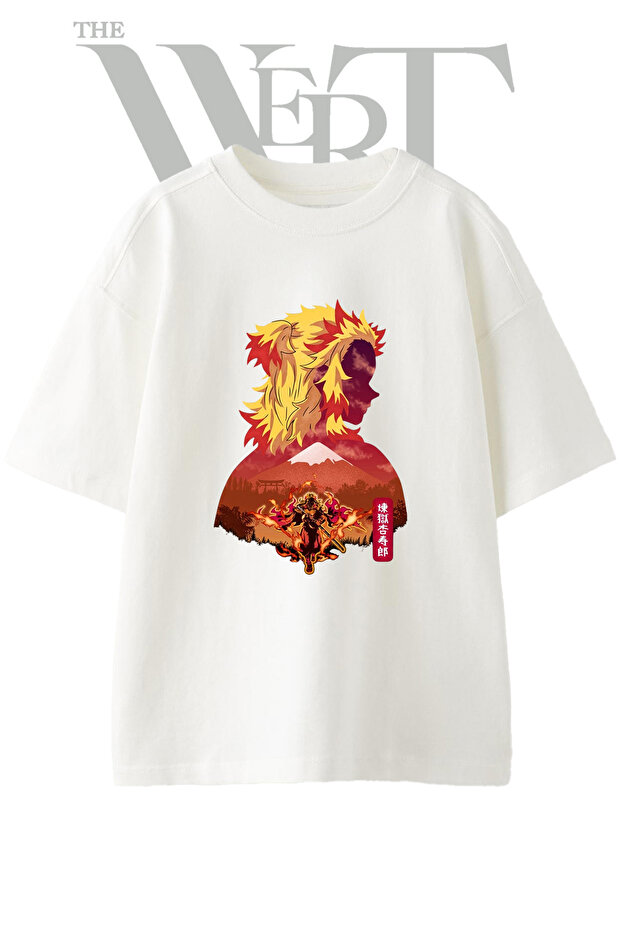 Rengoku Kyojuro Design Printed Unisex White Oversize T-Shirt