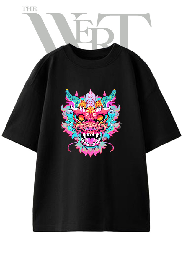 Dragon Head Design Printed Unisex Black Oversize T-Shirt