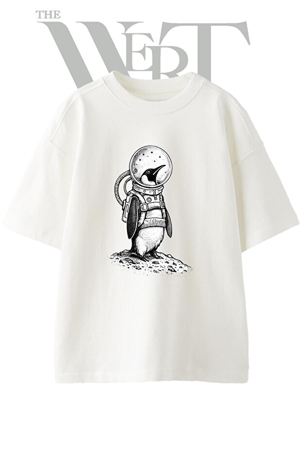 Astronaut Penguin Design Printed Unisex White Oversize T-Shirt