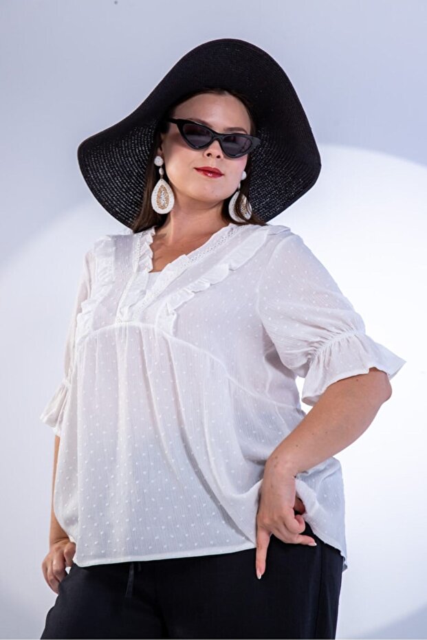 Women's Plus Size Collar Sleeve Ruffle Detailed Blouse White