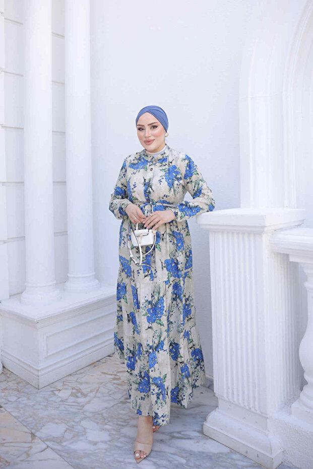 Cobalt Blue Half Buttoned Skirt with Elastic Sleeves and Layered Dress