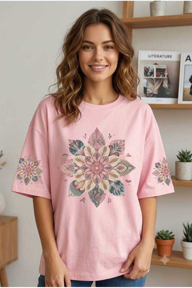 Pink Flower & Butterfly Printed Unisex Oversize T-Shirt – Summer Collection