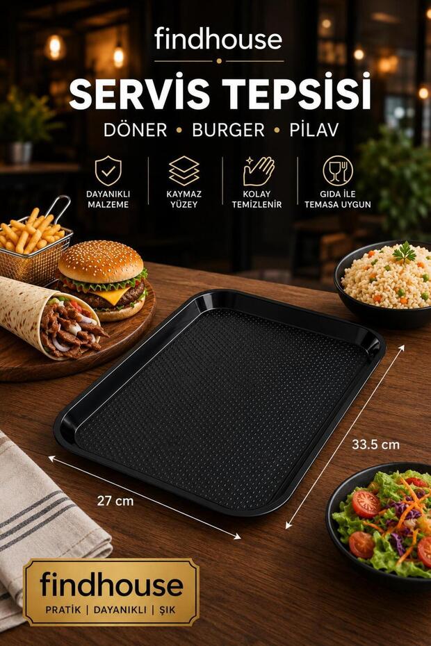Black Serving Tray 27X33,5Cm Fast Food, Burger, Doner, Pizza, Pilaf, Buffet, Cafe
