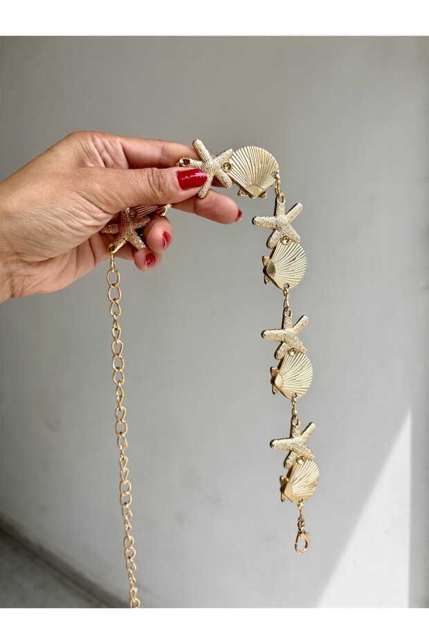 Women's Gold Color Belt with Mussel Shells and Star Chain