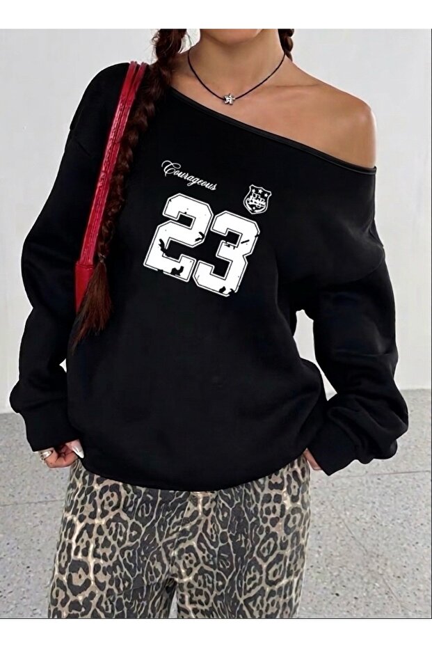 23 Printed Oversized Women's Boat Neck Sweatshirt