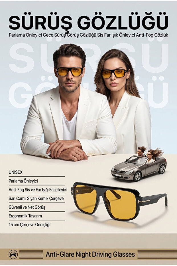 Anti-Glare Night Driving Glasses - Anti-Fog Fog and Headlight Blocking Black Bone Frame Driving Vision Glasses with Yellow Lens 723382