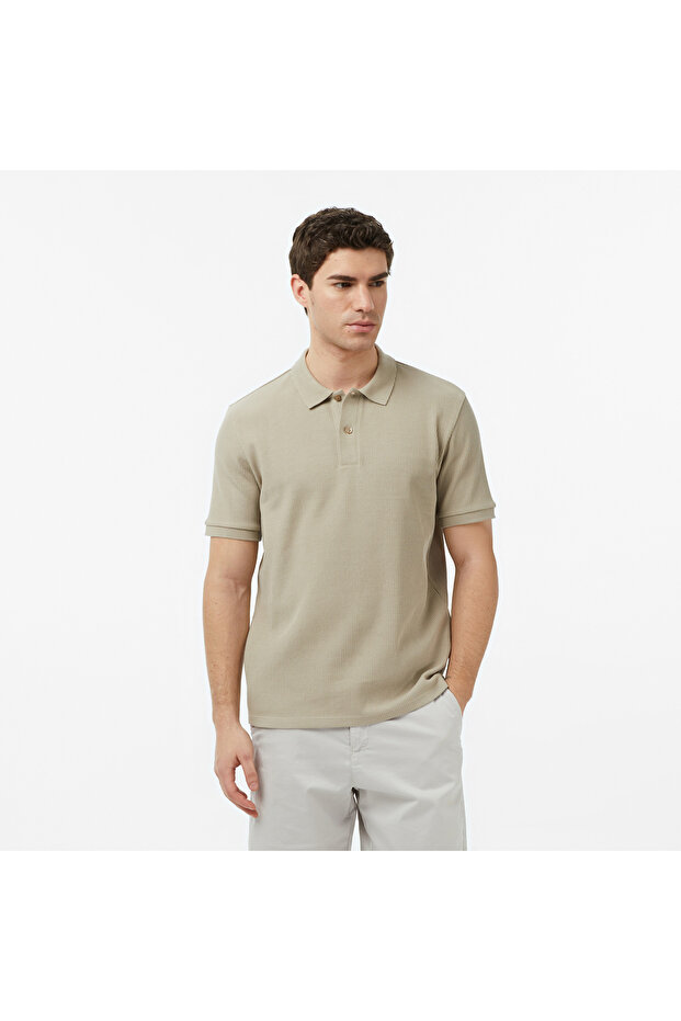 Men's Beige Slim Fit Polo Collar T-Shirt