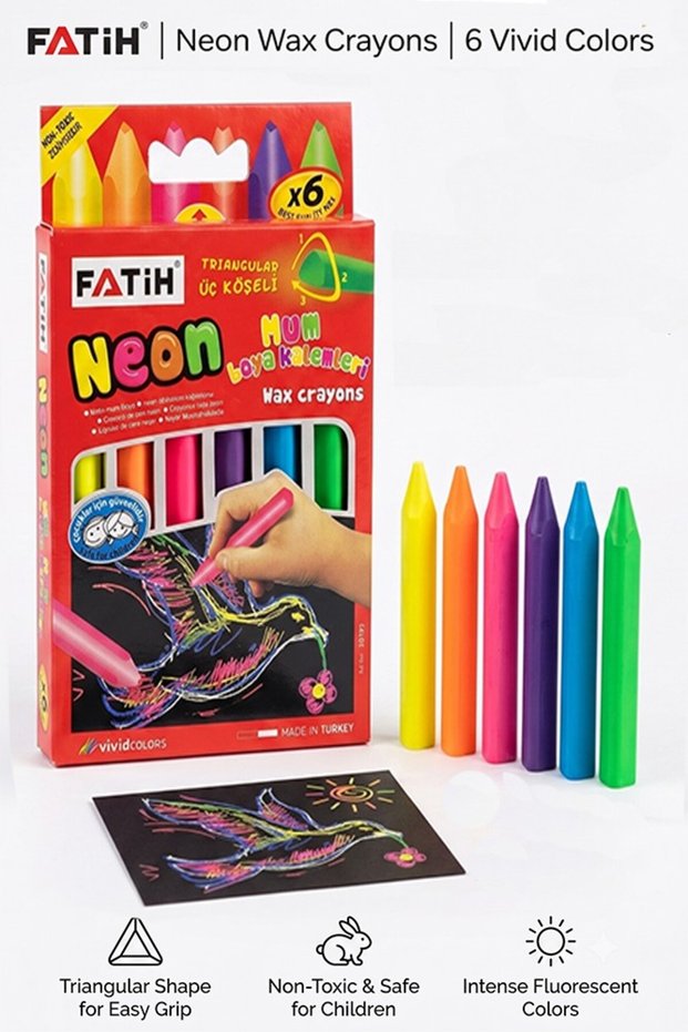 Neon Triangle Crayon 6 Pieces 1 Pack Fatih 6 Colors Triangle Crayon Does Not Stain Hands Washable and Wipeable