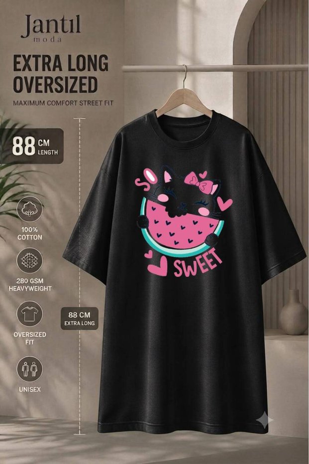 Crew Neck Extra Long Oversize Tunic T-Shirt with Watermelon Eating Cat and so Sweet Writing, Short Sleeves