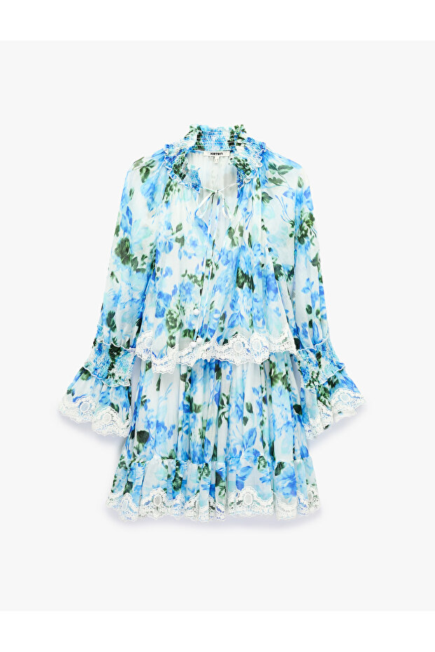 Lace Detailed Ruffled Long Sleeve Layered Tie-Up High Neck Floral Midi Dress