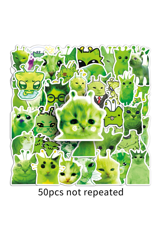 50pcs 50PCS Alien Cat Stickers Abstract Funny Emoji Green Cat Animal Stickers for Laptop Notebook St