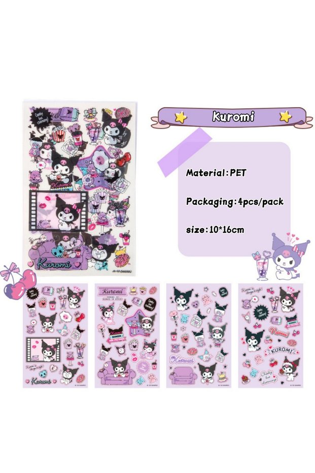 4pcs-1pack-C 4Pcs Genuine Sanrio Hello Kitty Stickers Toys Cute Kuromi Melody Cinnamoroll PET Waterp