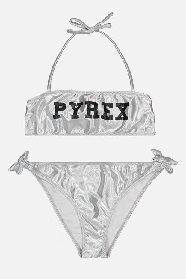 Kids Girl 2Pcs Brand Logo Bikini Top And Bottom Set, Silver