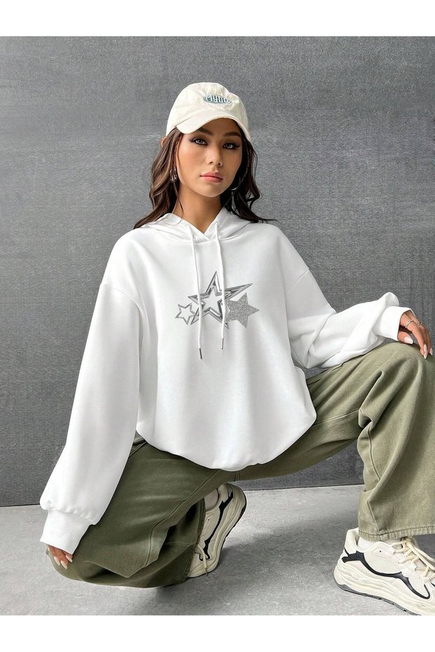 Women's White Three Star Printed Hooded Hoodie Sweatshirt