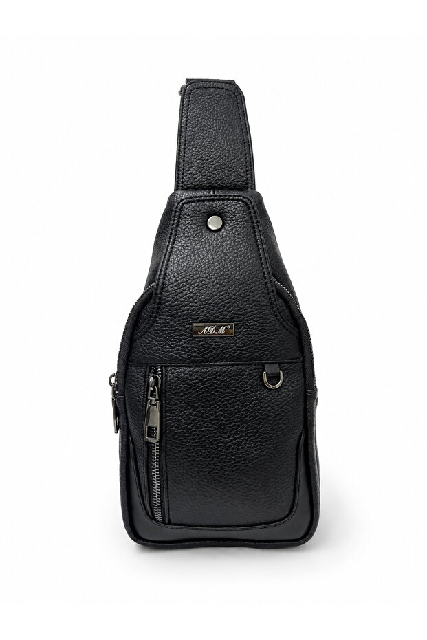 Men's 5-Compartment Faux Leather Crossbody Chest Bag Black Matte