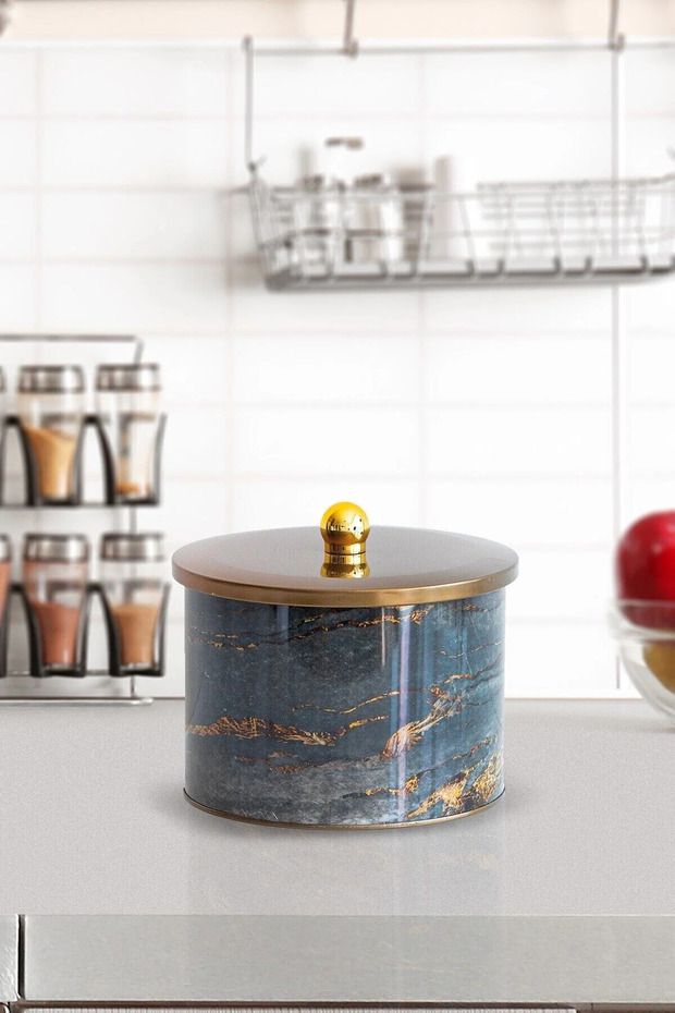 Rock and Gold Patterned Metal Storage Container, 17.5 Cm, Kitchen Organizer, 1.7 Lt