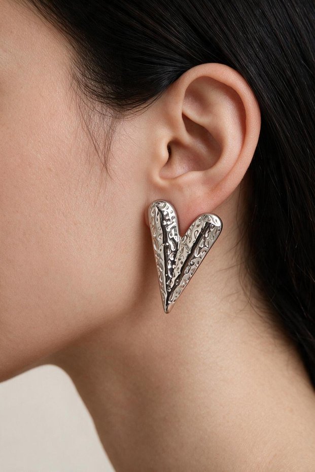 Women's Silver Color Stainless Steel Heart Shaped Textured Earrings