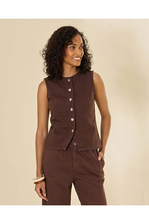 Women Brown Sleeveless Twill Jacket