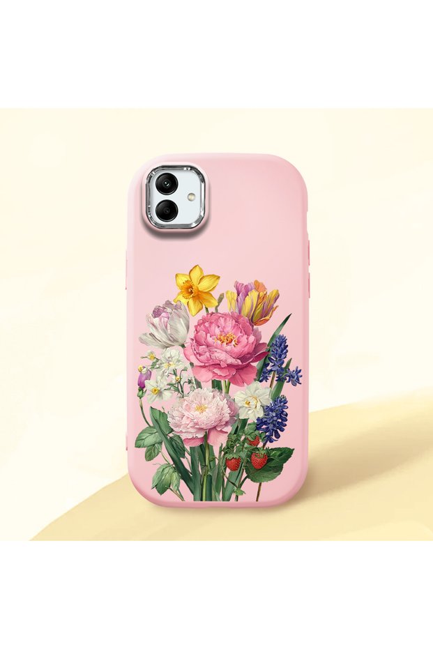 Samsung Galaxy A04 Compatible Case Camera Protector Pink Silicone Couple Phone Case with Floral Pattern