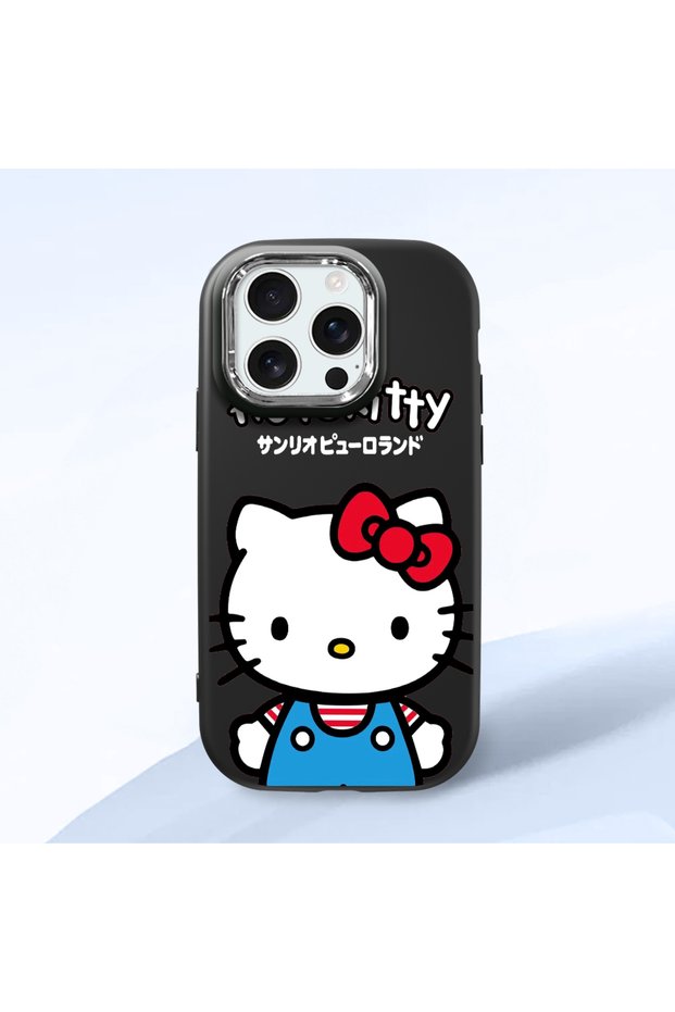 iPhone 16 Pro Compatible Case with Camera Protector Black Silicone Couple Phone Case with Kitty Pattern