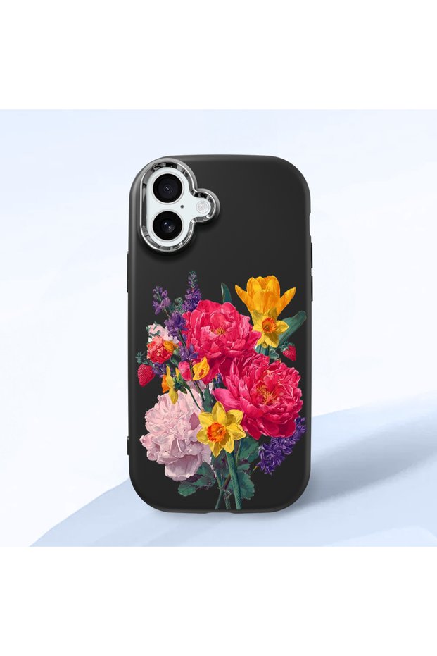 iPhone 16 Plus Compatible Case with Camera Protection Black Silicone Couple Phone Case with Floral Pattern