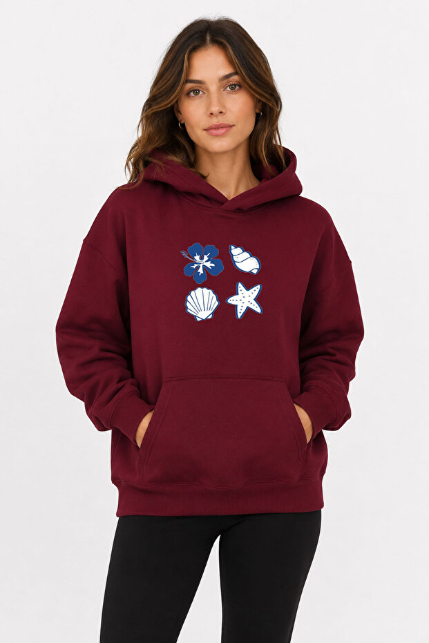 Sea Shells Printed Hooded 2 Thread Raster Sweatshirt