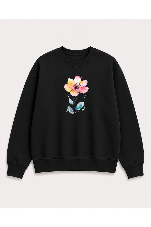 Floral Print Detailed Crew Neck Ribbed 2 Thread Sweatshirt