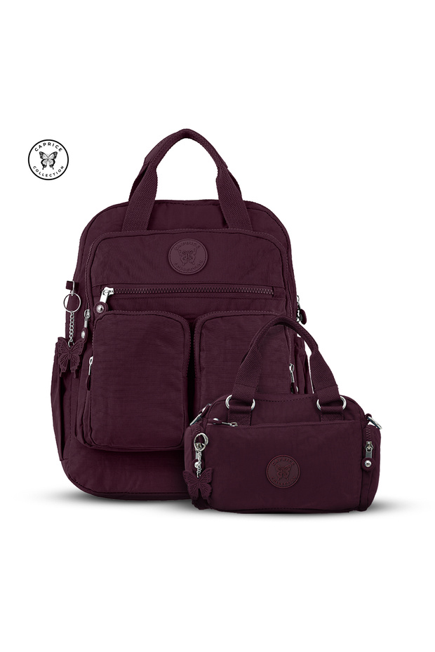 Travel Backpack for Women 2 Piece Set, Backpack & Crossbody Bag, Water Resistant Crinkle Nylon - Burgundy