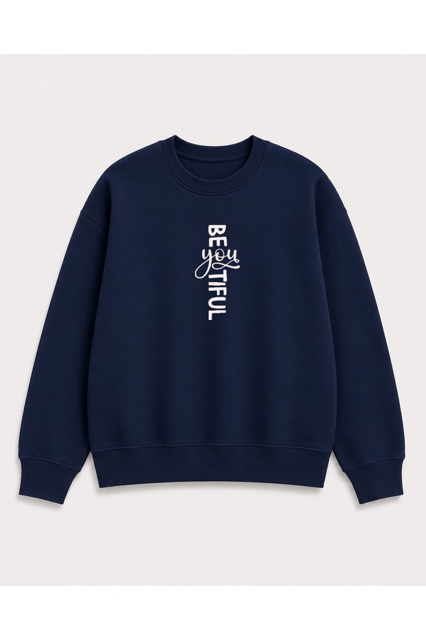 Beautiful Text Print Detailed Embroidered 2 Thread Crew Neck Sweatshirt