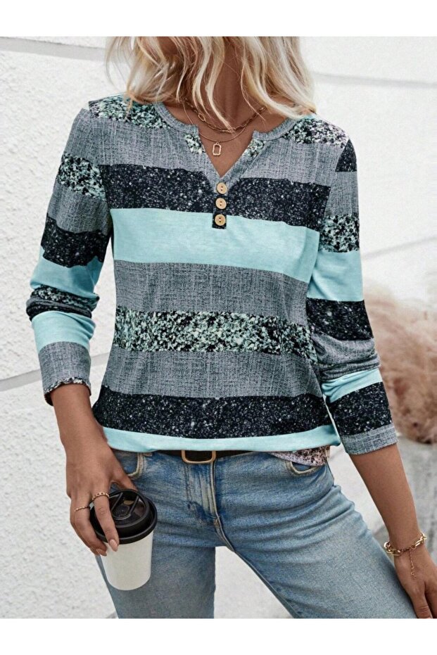 Women's Long Sleeve Button down Collar Striped Pattern Single Jersey Blouse