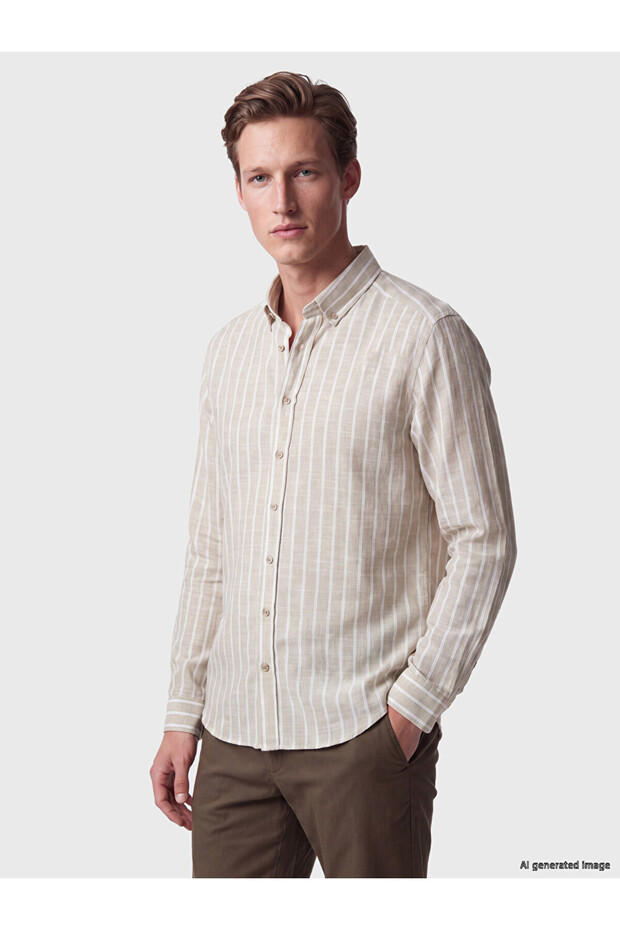 Vizyon New Season Beige Regular Fit Striped Men's Shirt