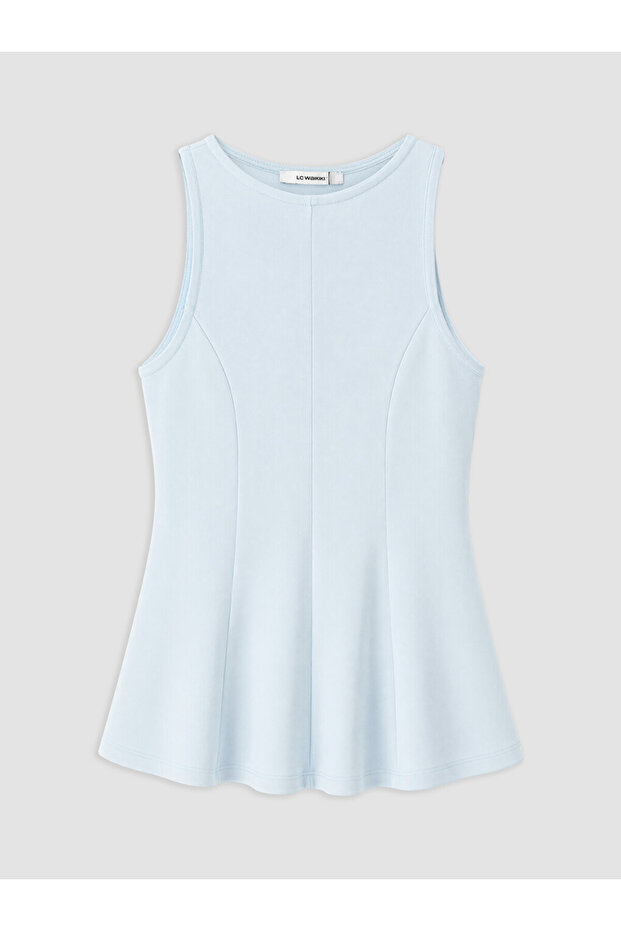 Blue Crew Neck Peplum Blouse