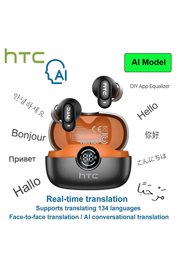 Black orange-AI HTC NE79 Real Time Translation Earphone Bluetooth HiFi Music HD Call Noise Reduction